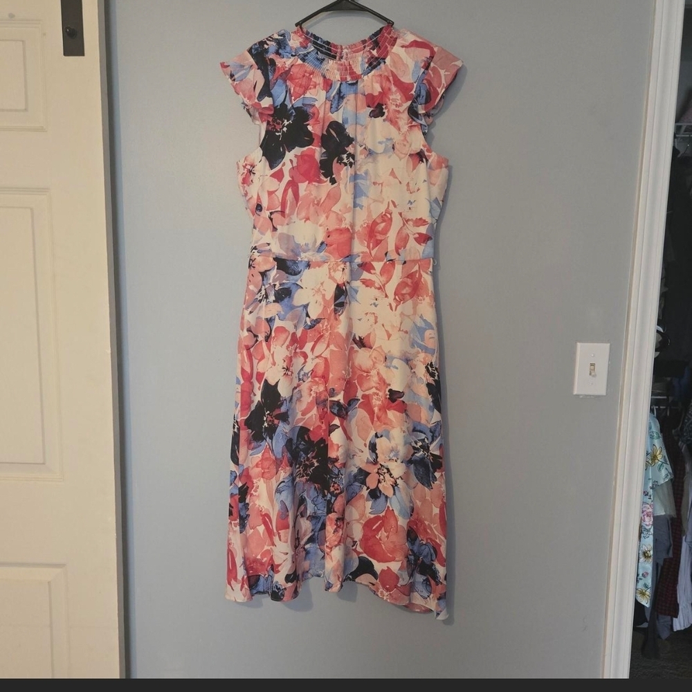 Nina Leonard Floral Cap-Sleeve Midi Dress in Coral, Blue & White